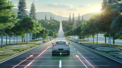 Enhanced screen visuals, daytime, VR virtual reality, road lighting effects, line arrow guidance. Generative AI.