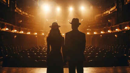 Silhouetted performers on stage under bright spotlights in a dramatic theater scene