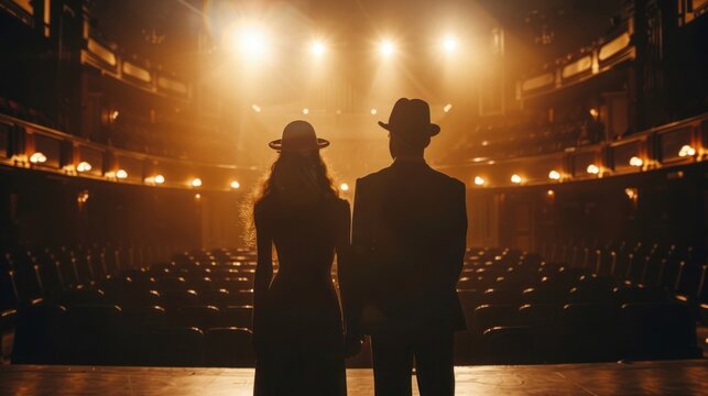 Silhouetted performers on stage under bright spotlights in a dramatic theater scene