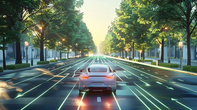 Enhanced screen visuals, daytime, VR virtual reality, road lighting effects, line arrow guidance. Generative AI.