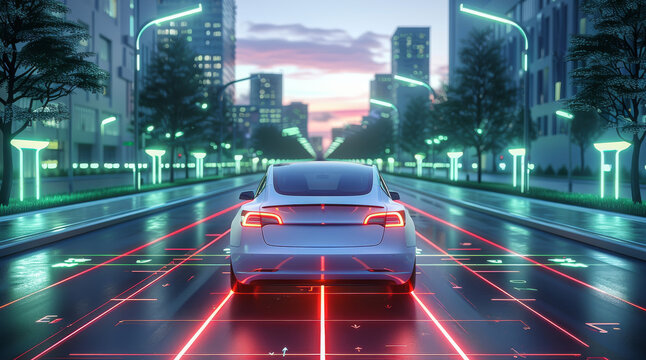 Enhanced screen visuals, daytime, VR virtual reality, road lighting effects, line arrow guidance. Generative AI.