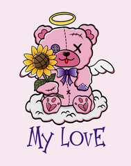 Cute pink Teddy bear with sunflower. Funny angel toy. My Love. Art Illustration for the design of a t-shirt.