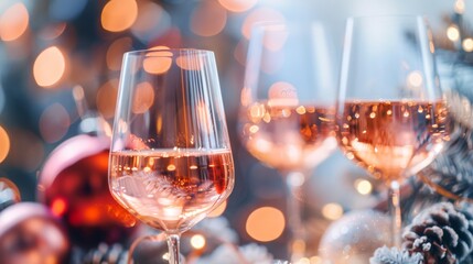 Photo of glasses filled with rose wine on a festive table with holiday decorations and bokeh lights, creating a warm, celebratory atmosphere.