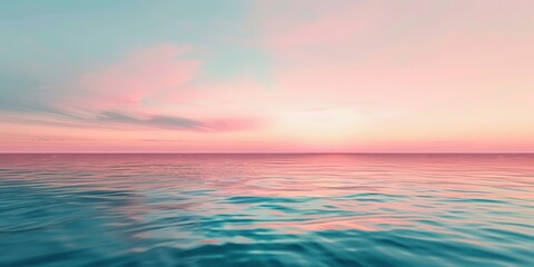 Obraz premium A pink and blue beach with waves, a pastel sky, a sunset in the background, a view of an ocean