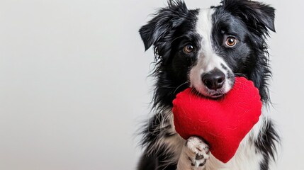 Fototapeta premium Adorable Border Collie holds red heart in mouth, expressing love and affection. Perfect for Valentine's Day or pet-themed content.