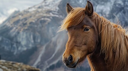 Fototapeta premium Majestic brown horse with long mane in front of beautiful mountain backdrop. The horse looks intently at the camera, framed by scenic natural beauty.