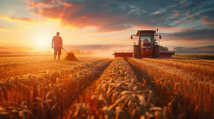 Fototapeta premium Farmer in Wheat Field at Sunrise with Combine Harvester