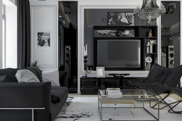 A black and white living room with a white couch and black chairs