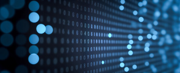Fototapeta premium Abstract Digital Binary Code Background, Bokeh Effect. Abstract information technology background. Data Technology Pattern, Blue Cybersecurity Concept Image