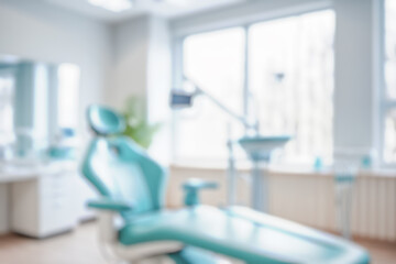 Fototapeta premium Dental Office Blurred Background, Modern Interior, Dentist Chair, Bright Window Light, Professional Healthcare Setting, Dentistry Room, Patient Comfort, Medical Equipment, Clean Environment