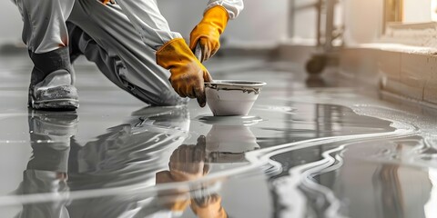 Obraz premium Applying Gray Epoxy Resin to Fresh Floor Finishing Touch by a Worker. Concept Epoxy Resin Coating, Flooring Renovation, Home Improvement, Interior Design, Construction Processes