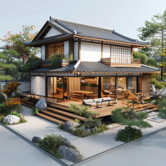 Obraz premium 3D rendering of an old traditional Japanese house, showing structural features such as wooden structure, sloping roof. The design includes outdoor spaces such as patio seating. Generative AI.