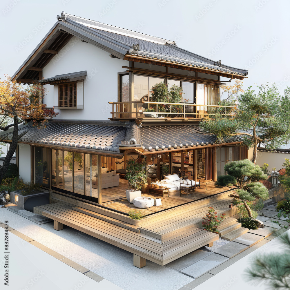 Poster 3d rendering of an old traditional japanese house, showing structural features such as wooden struct