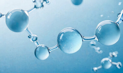 Abstract molecular structures float in tranquil blue, representing scientific and cosmetological concepts, evoking innovation and beauty
