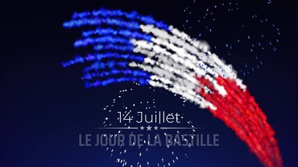 Animated 14 july bastille day in france banner. Fireworks french flag on dark sky background. French national holiday. Fireworks france flag. Translation: July 14 Bastille Day. Animated greeting card