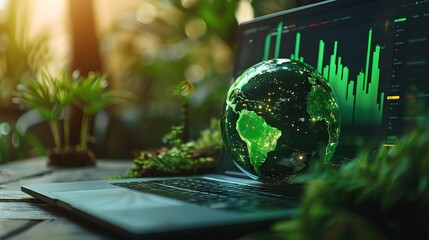 A glass globe sits on a laptop with a green screen, surrounded by lush greenery, symbolizing sustainable technology and environmental consciousness.