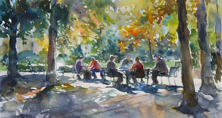  Group of people sitting in the park on a sunny day, watercolor painting