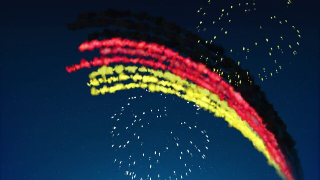Animated germany holiday banner template. Fireworks german flag on dark sky background. German national holiday. Germany flag fireworks. Template, place for text, copy space. Animated greeting card