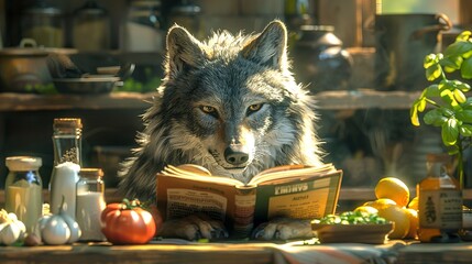 A wolf reading a recipe book in a kitchen, surrounded by ingredients, with a concentrated look as it prepares to cook. shiny, Minimal and Simple,