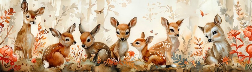 Obraz premium A group of cute deer in a magical forest with flowers and mushrooms