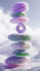  3d render like stacked plush fluffy geometric shapes on a white background, greens pinks and purples