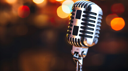 Vintage microphone on a stand against a background of blurred lights.