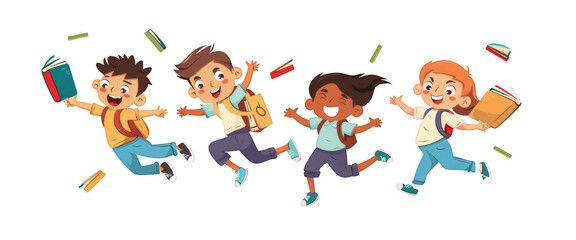 Set of happy school children holding books and pencils jumping with a white background, png.