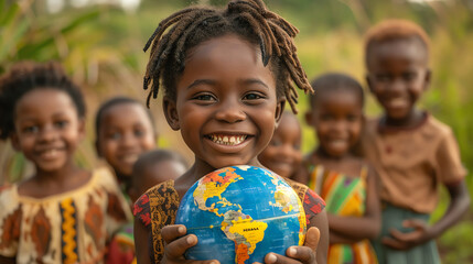 A young girl with a bright smile holds a globe, surrounded by other children in a rural setting.