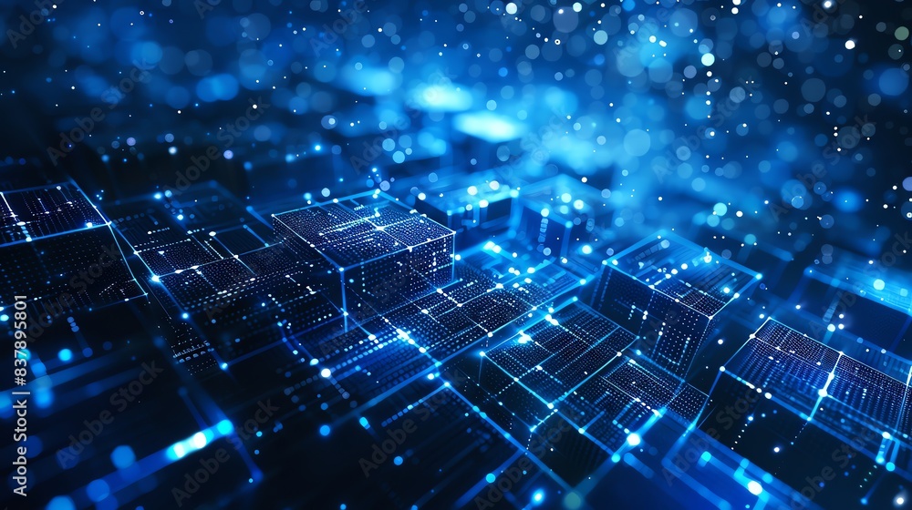 Poster abstract digital background with glowing blue lines and squares, creating a futuristic and techy fee