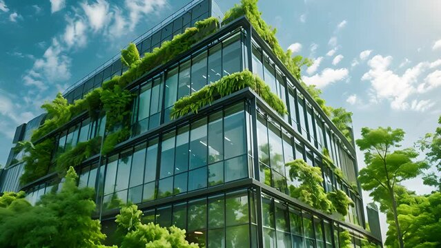 Architecture a modern glass building with a lot of green plants trees and bushes for business architecture environmental friendly, design, exterior, sky, garden