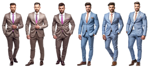 Collection of stylish men in formal suits isolated on white background. Elegant and professional fashion concept showcasing modern business attire.