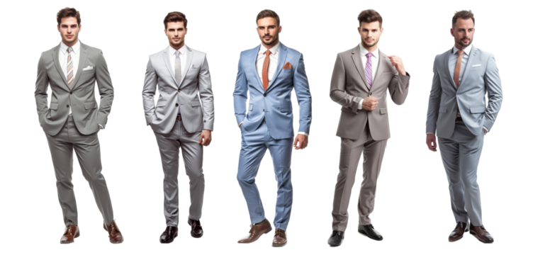 Collection of stylish men in formal suits isolated on white background. Elegant and professional fashion concept showcasing modern business attire.