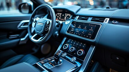 Modern car interior with leather seats, steering wheel and dashboard.