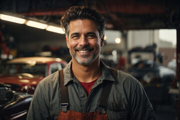 Smiling mechanic in a busy workshop