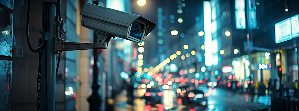 A security camera mounted on a pole overlooking a bustling city street at night.  The camera is pointed towards the street, and the city lights are reflected in its lens.