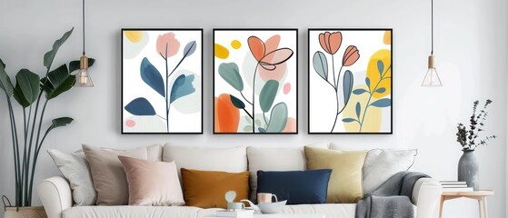 Trio of Framed Floral Posters: Hand-Drawn Art on White Background - Minimalistic Geometric Style with Soft, Sleek, and Stylized Colors
