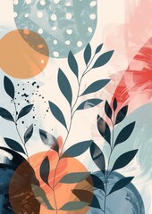 Calming Boho Wall Art: Minimalist Nature Illustration, Colour Blocking, Arabesque, Vexel Art, Pixelated Mosaic in Soft Pastel Tones