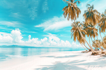 Obraz premium Scenic tropical beach with palm trees and clear blue sky.