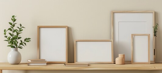 Wooden Picture Frames on Shelf: Light Neutral-Toned Room Decor with Blank Canvases, Small Green Plant in Left Vase