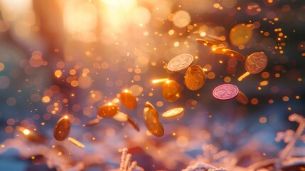 Falling Coins with Bokeh Lights in the Background