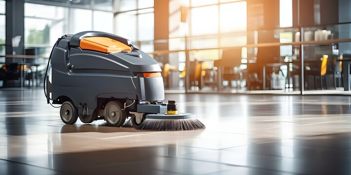 Worker using floor cleaning machine to wash office floors. Concept Cleaning equipment, Floor maintenance, Commercial cleaning, Workplace hygiene, Office chores