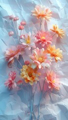 Obraz premium 3d realistic a Pink and yellow chrysanthemum bouquet of textured metal origami