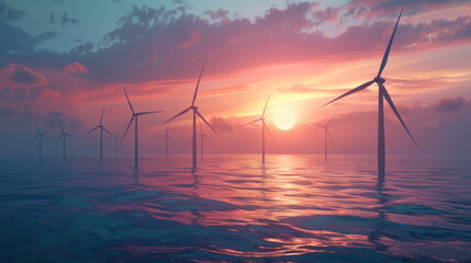 wind turbines on sea at sunset. renewable and sustainable energy