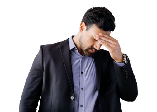 Stressed businessman touching his head transparent png - Powered by Adobe