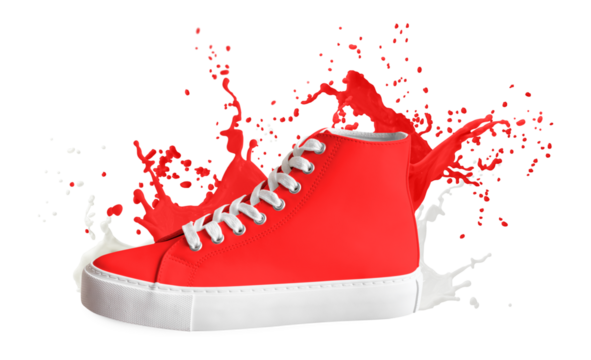 Red high top sneaker with colors splash