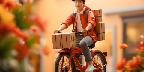 Delivery man on bike for 3D online delivery service. Concept Online delivery service, 3D technology, bicycle delivery, courier service, contactless delivery