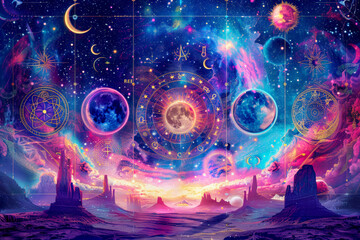Vibrant cosmic landscape with planets, moons, and astrological symbols.