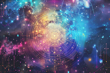 Obraz premium Radiant astrological chart with rainbow colors and cosmic symbols.