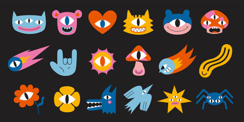 Obraz premium Set of various funny cartoon characters like monsters, heart, flower, bird, mushroom and star. Trendy modern vector illustration, hand drawn, textured effect, flat design