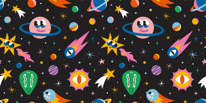 Seamless pattern with cute outer space elements. Cosmic background with funny cartoon characters, alien, planet, comet and stars. Trendy modern vector illustration, hand drawn, flat design